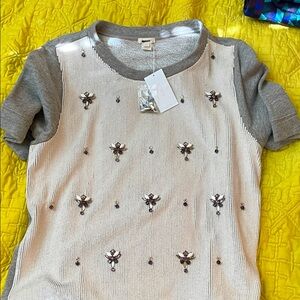 J. Crew Gray and Cream Embellished Tee